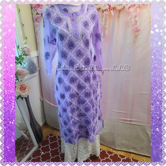 New boutique Hand Embroidered Lucknowi Chikankari kurti With Inner - Picture 4 of 7